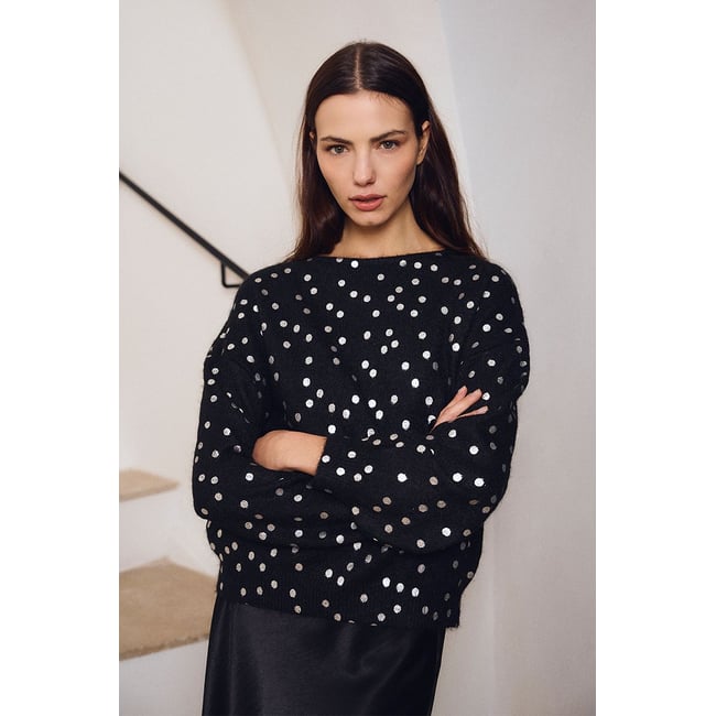Pull col bateau, motif pois black / silver <span itemprop=