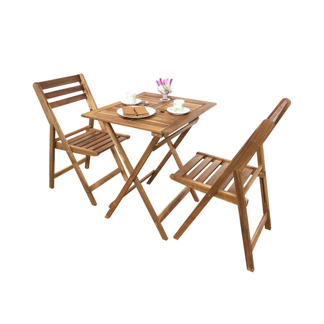 Ensemble table de jardin pliable + 2 chaises en acacia Fidgi marron <span itemprop=