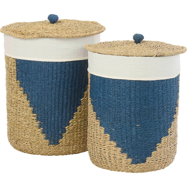Set de 2 paniers en papier tressé, Couvercle Couleur naturel et bleu <span itemprop=