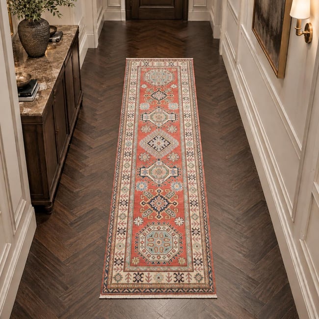 Tapis salon géométrique, noué main en laine, KAZAK CO 54 Couleur rouge, beige, bleu <span itemprop=