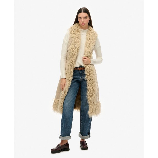Gilet afghan long sans manches en imitation fourrure marron taupe délavé <span itemprop=