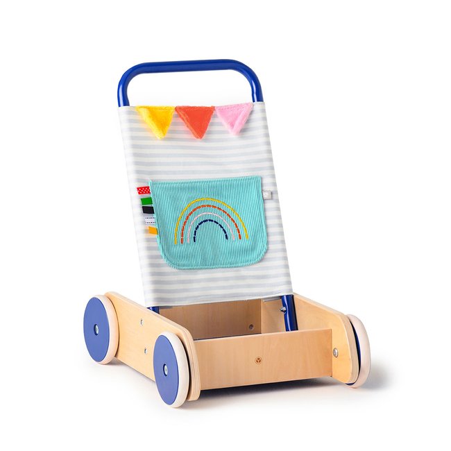 Chariot pousseur bois métal et tissu blanc <span itemprop=