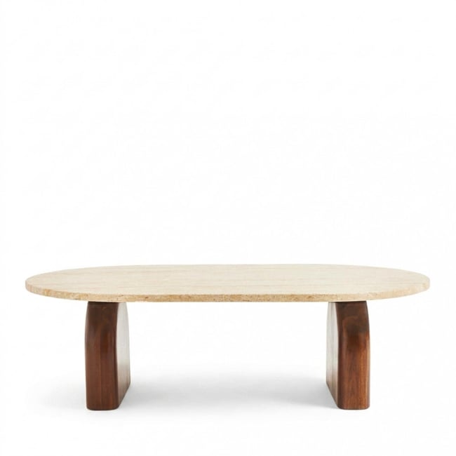 Table basse effet travertin et bois 100x60cm- LIPALI Couleur beige <span itemprop=