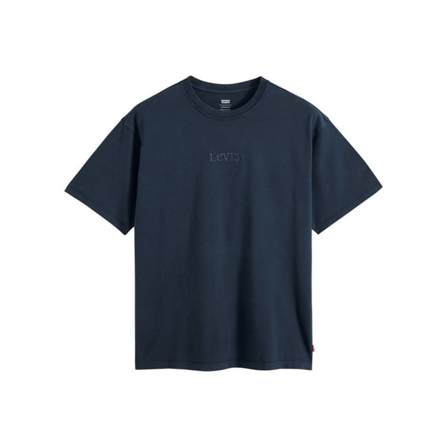 T-shirt en coton marine à coupe droite pourvu d'un col rond côtelé bleu foncé <span itemprop=