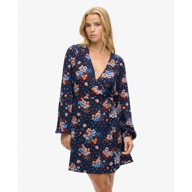 Robe courte portefeuille imprimée bleu marine à fleurs doris <span itemprop=