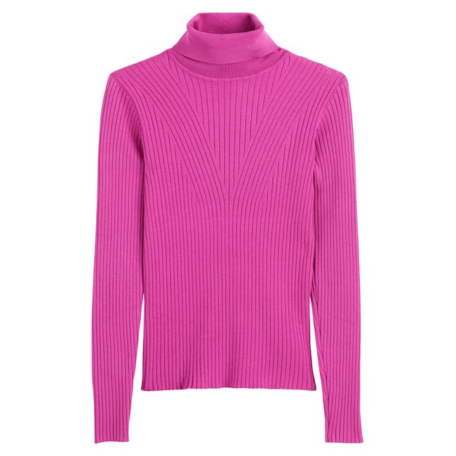 Camisola básica de gola alta, malha canelada fúchsia <span itemprop=