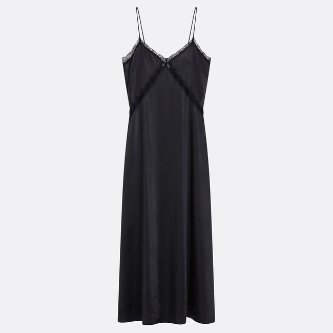 Robe longue en satin à fines bretelles et dentelle noir <span itemprop=
