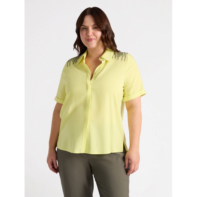 Chemise à manches courtes, brodée avec des chaînes sur les épaules jaune <span itemprop=