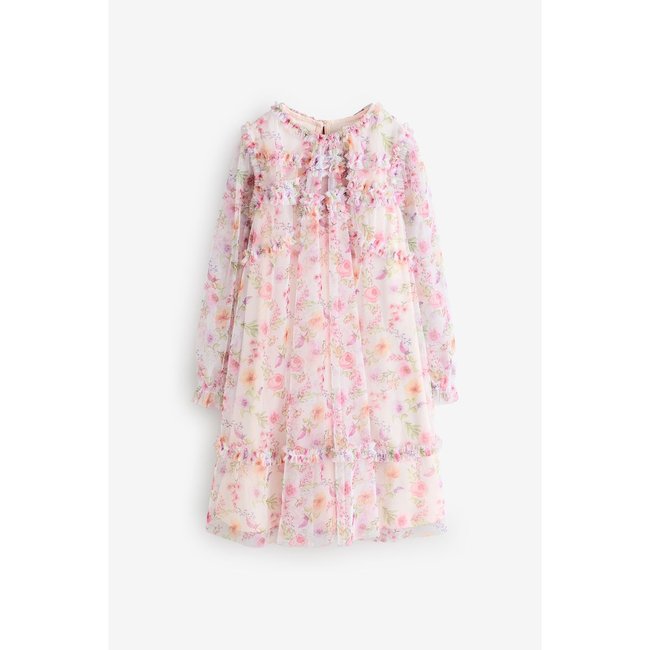 Robe en mesh avec manches longues et volants rose motif fleurs <span itemprop=