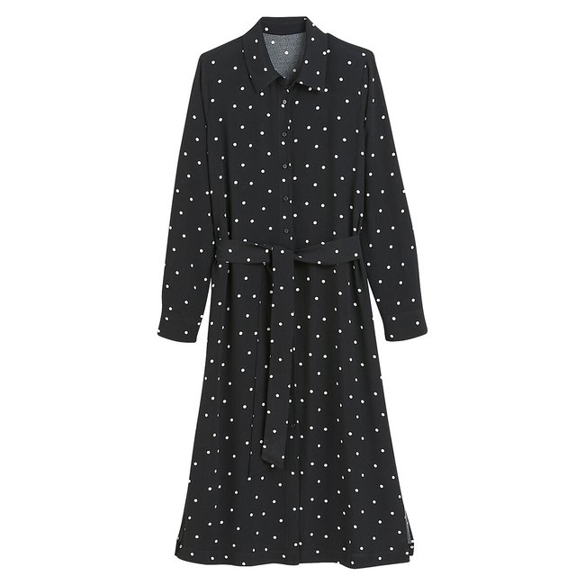 Robe-chemise à pois, longueur midi  imprimé pois fond noir <span itemprop=
