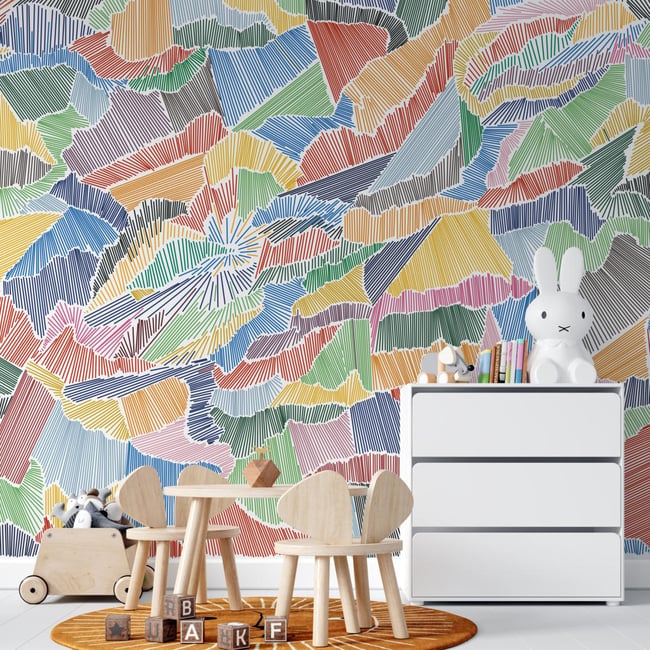 Papier peint hachures avec motifs multicolores pour enfants - 340x260 cm (l x h) Couleur multicolore <span itemprop=