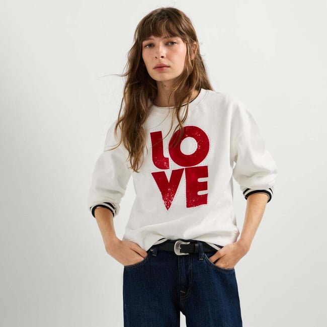 Sweat-Shirt À Col Rond Imprimé blanc cassé <span itemprop=