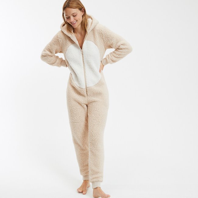 Combinaison à capuche en sherpa beige/blanc <span itemprop=