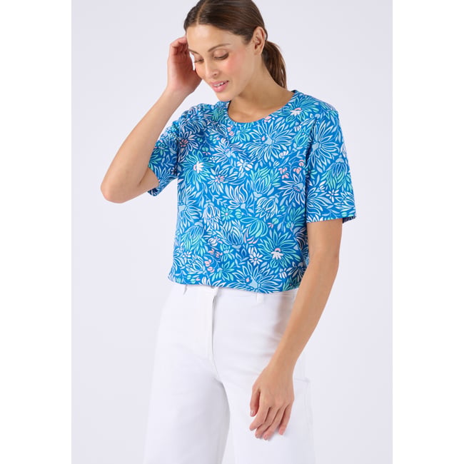 T-shirt imprimé pur coton bleu fleuri <span itemprop=