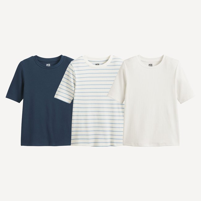 Lot de 3 T-shirts col rond blanc + rayé + marine <span itemprop=