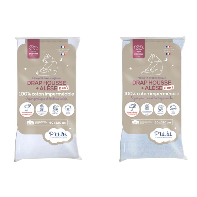 Drap housse alèse 2 en 1 imperméable (lot de 2) blanc <span itemprop=