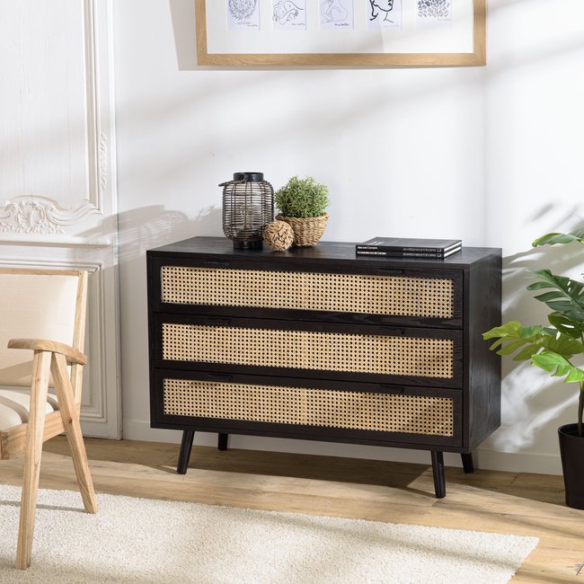 Commode bois noir et rotin 3 tiroirs PALMA 2 Couleur noir <span itemprop=