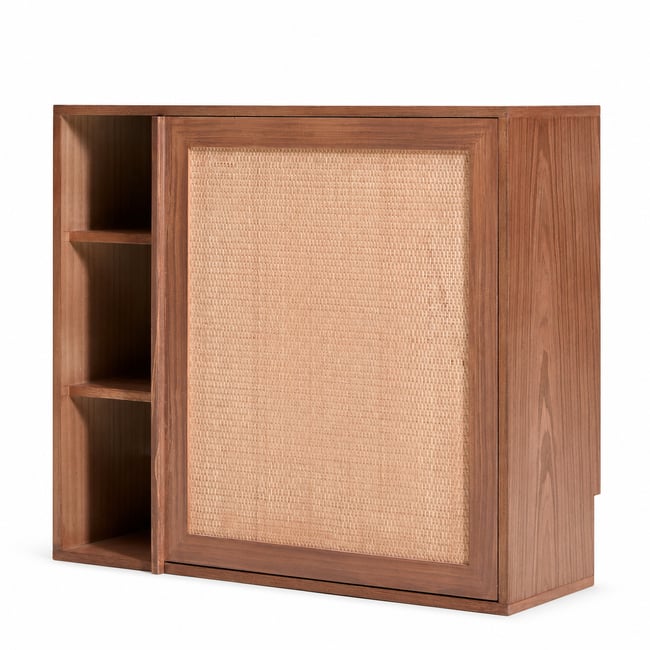 Meuble de rangement avec bureau tablette, bois de noyer et rotin, LAPENA Couleur marron <span itemprop=