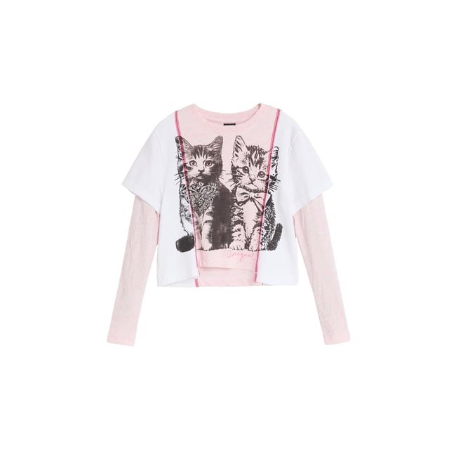 T-shirt combiné chats rose <span itemprop=