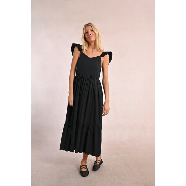 Robe mi-longue à bretelles volants noir <span itemprop=