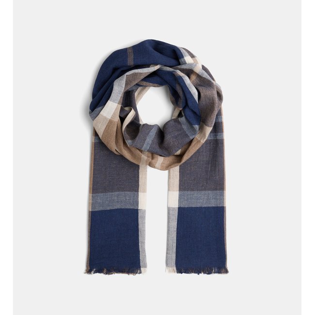 Chèche abel à carreaux en coton et lin bleu et marron <span itemprop=