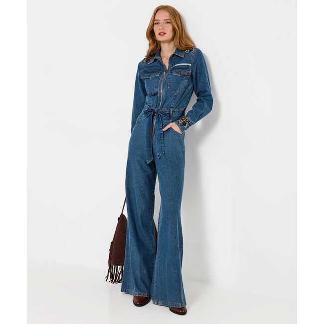 Combinaison en Jean Brodée Goldie bleu <span itemprop=