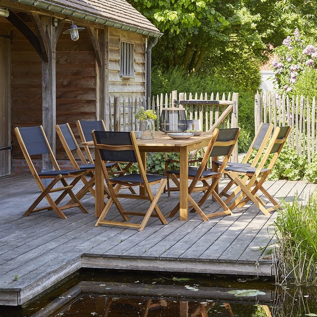 Salon de jardin en acacia massif extensible 8/10 places  HANOÏ marron <span itemprop=