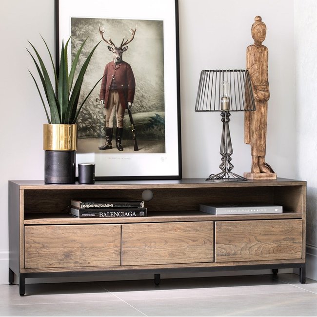 Meuble TV 140cm style contemporain bois chêne naturel et noir 3 tiroirs HUDSON Couleur bois naturel <span itemprop=