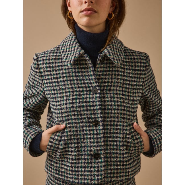Veste tweed carreaux carreaux marine/vert <span itemprop=