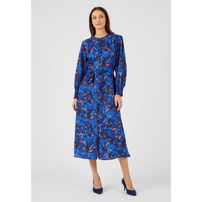 Robe-chemise fantaisie smockée bleu fleuri <span itemprop=