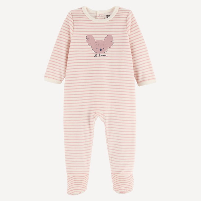 Striped Koala Print Velour Sleepsuit, pink, LA REDOUTE COLLECTIONS
