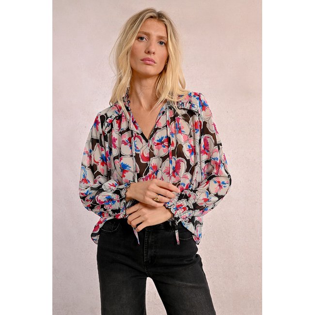 Chemisier en semi-transparence, à imprimé noir <span itemprop=