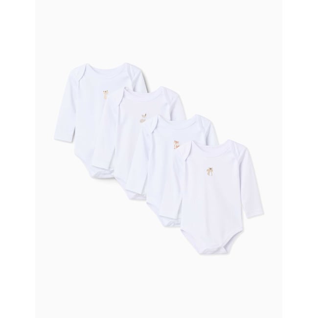 Pack de 4 bodys à manches longues en coton avec imprimés blanc <span itemprop=
