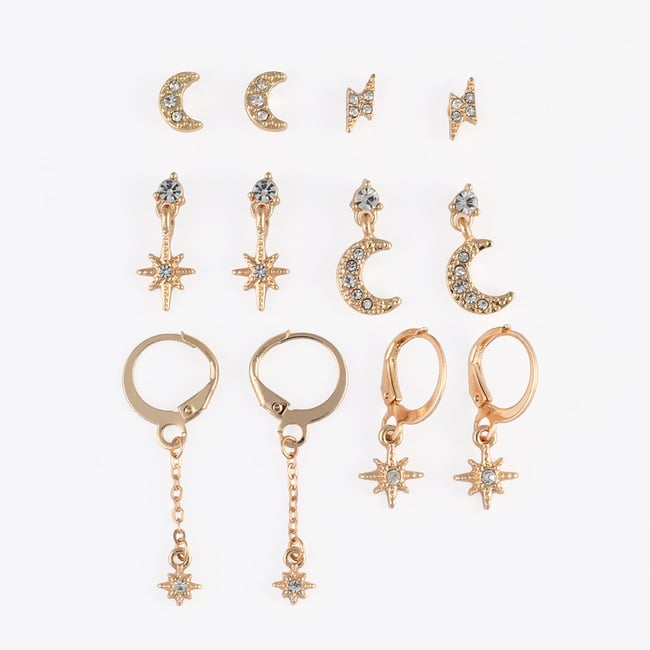Set x6 paires de boucles d'oreilles lunes et étoiles doré <span itemprop=