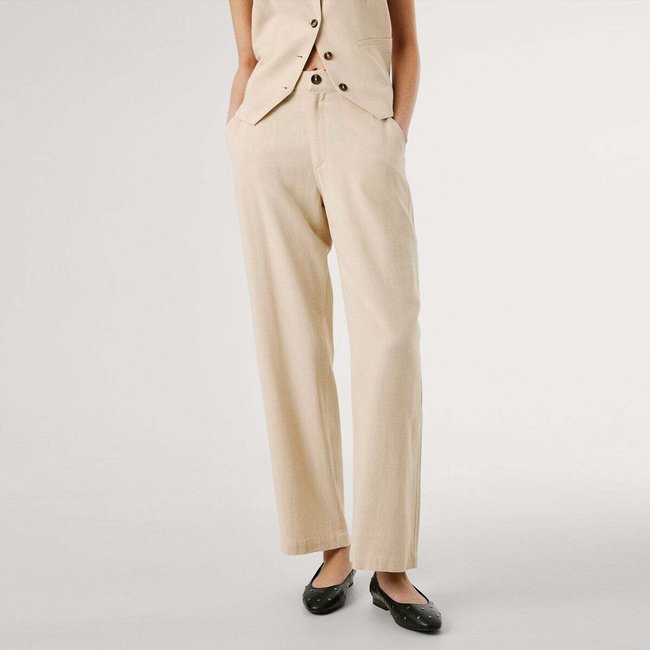 Pantalon Droit À Taille Élastique beige clair <span itemprop=