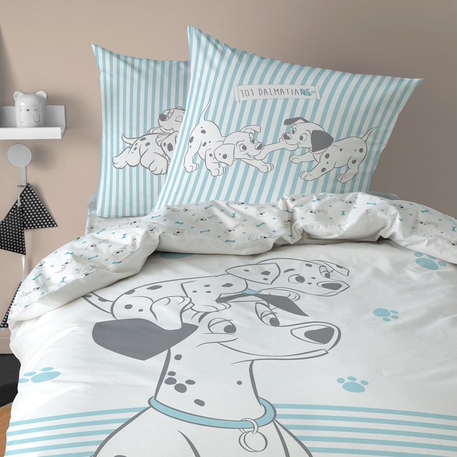 Parure de lit imprimée 100% coton, LES 101 DALMATIENS TOGETHER bleu, blanc <span itemprop=