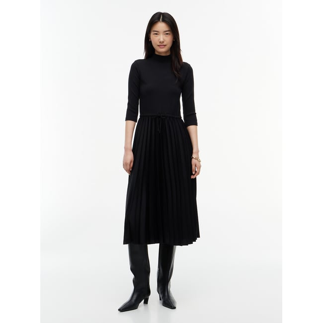 Abito longuette con collo alto, plissettato e maniche a 3/4 nero  TOMMY HILFIGER