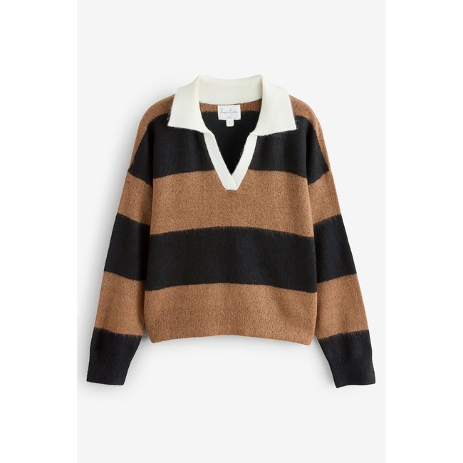 Pull en maille rugby rayures noires/brunes <span itemprop=