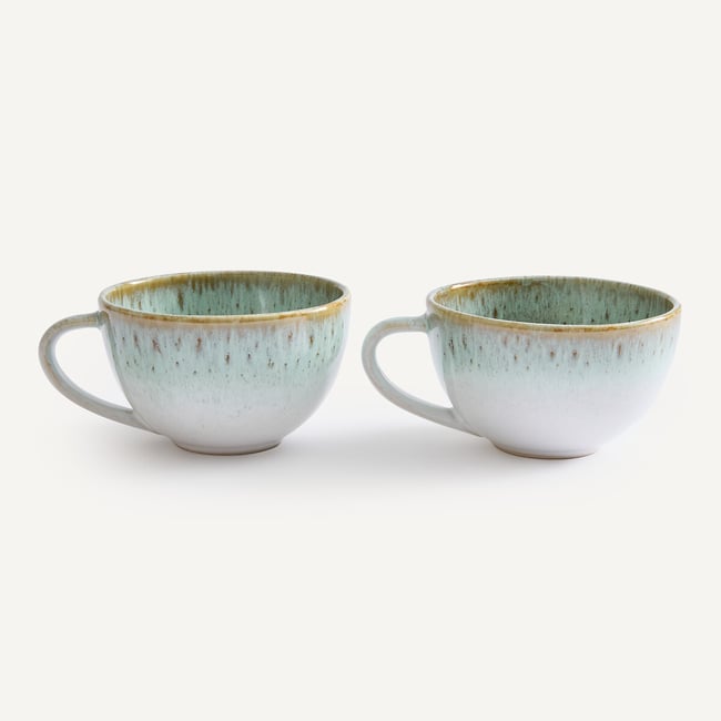 Lot de 2 tasses à thé, en grès émaillé, FARA kaki/bleu <span itemprop=