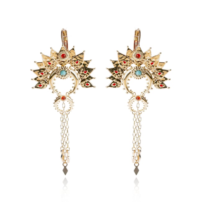 Boucles d'oreilles pendantes couronne avec chaînes MOSTY doré <span itemprop=