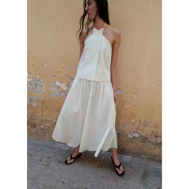 Jupe évasée en coton à rayures écru <span itemprop=