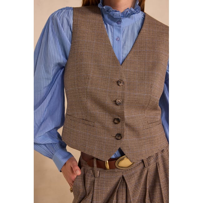 Gilet imprimé prince de galles sans manches BABEL camel fonce <span itemprop=