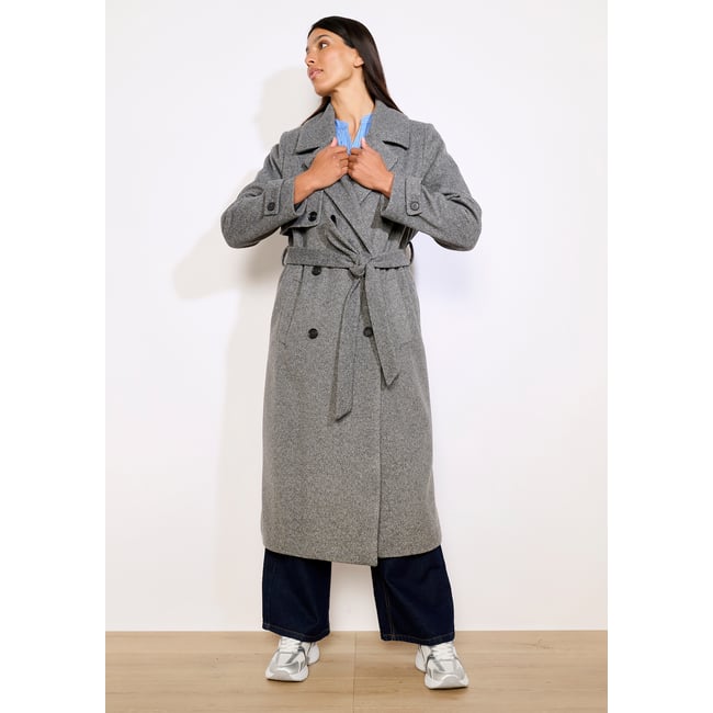 Manteau long croisé ceinturé gris <span itemprop=