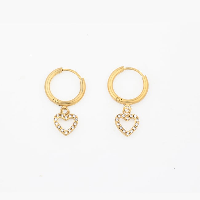 Petites créoles acier inoxydable pendentif cœur strassé doré <span itemprop=