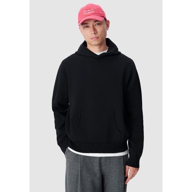 Pull capuche tricot poche kangourou noir <span itemprop=