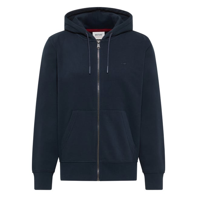 Sweat zippé en coton mélangé marine uni avec une coupe droite et une capuche bleu foncé <span itemprop=