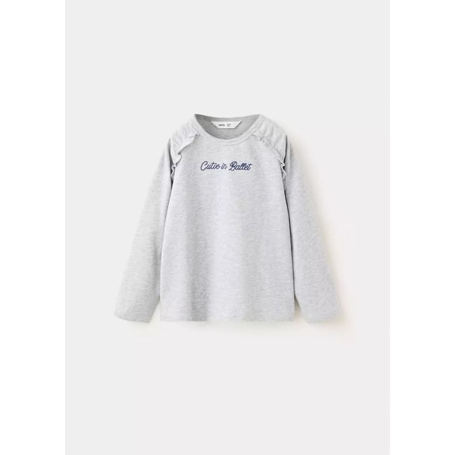 T-shirt brodé détail volanté gris chiné moyen <span itemprop=