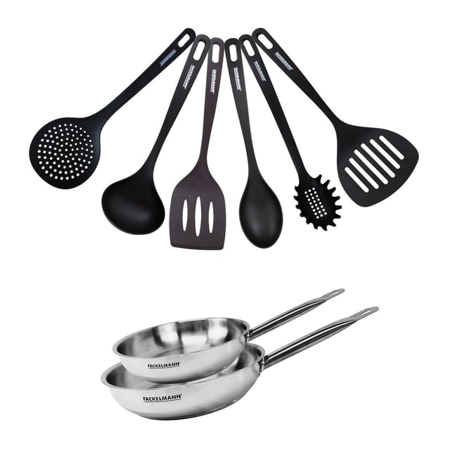 Set de 2 poêles 20 et en inox et 6 ustensiles ETERNA inox|noir <span itemprop=