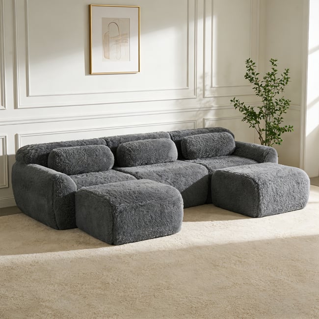 Canapé d'angle réversible 3 places avec 2 poufs, WIND Couleur gris charbon <span itemprop=