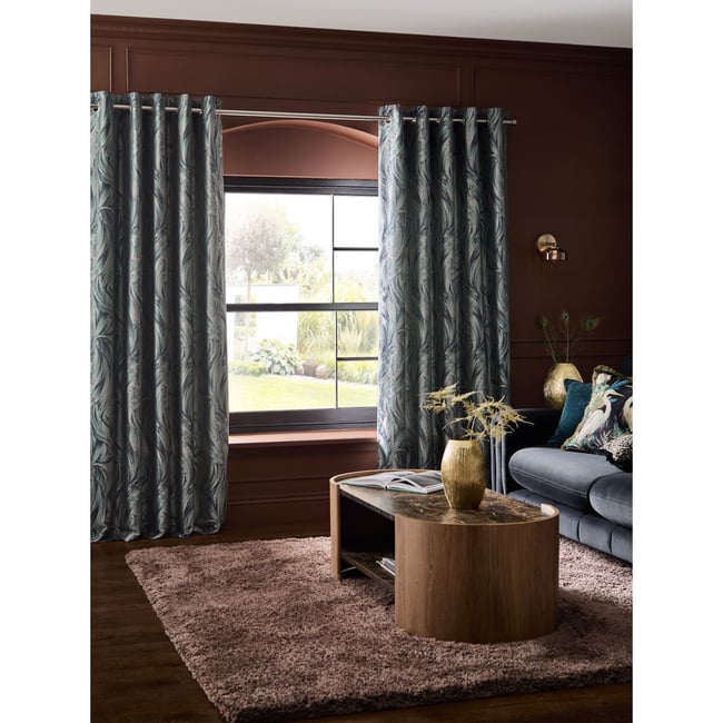 Rideaux doublés en jacquard à œillets bleu sarcelle <span itemprop=